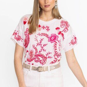 Johnny Was Pink Floral Embroidered White Tee